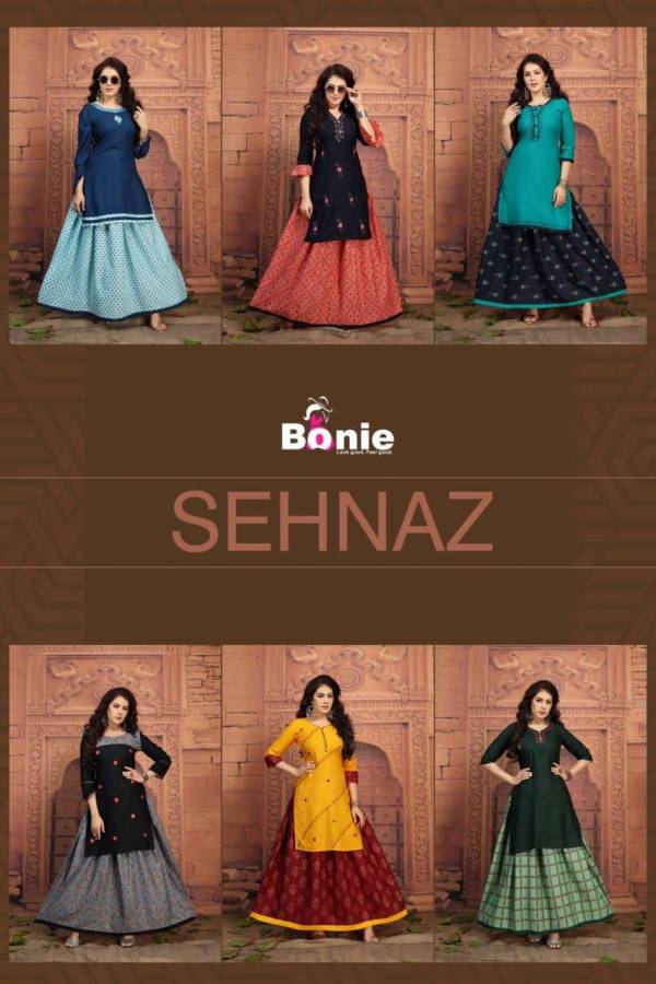 Bonie Shenaz Latest Fancy Regular Wear Rayon Printed Kurtis With  Skirt  Collection 
